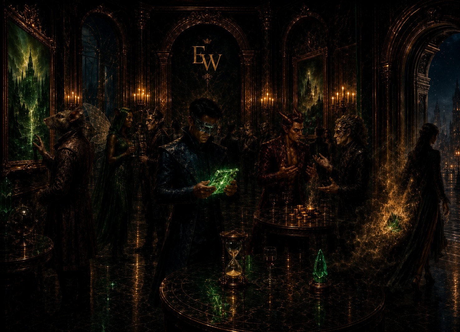 The Salon Gathering — masked courtiers examine a glowing emerald prestige shard in a candlelit baroque hall beneath the EW crest.