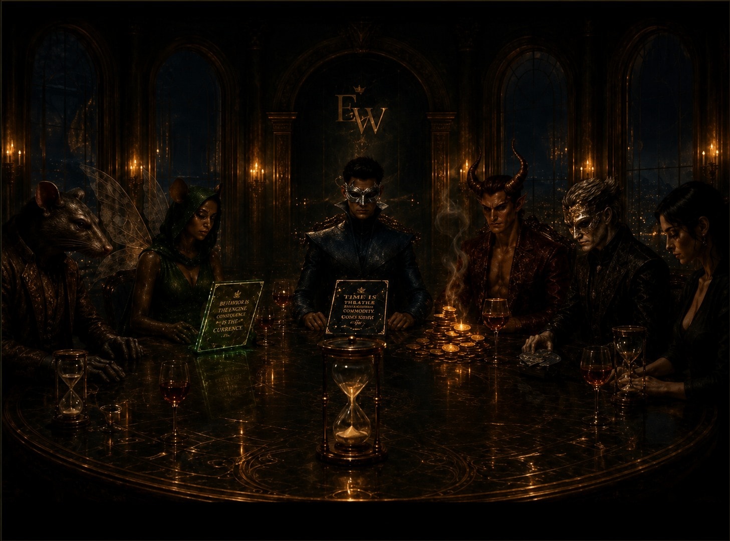 The Council — figures hold illuminated emerald and gold choice cards around the council table.