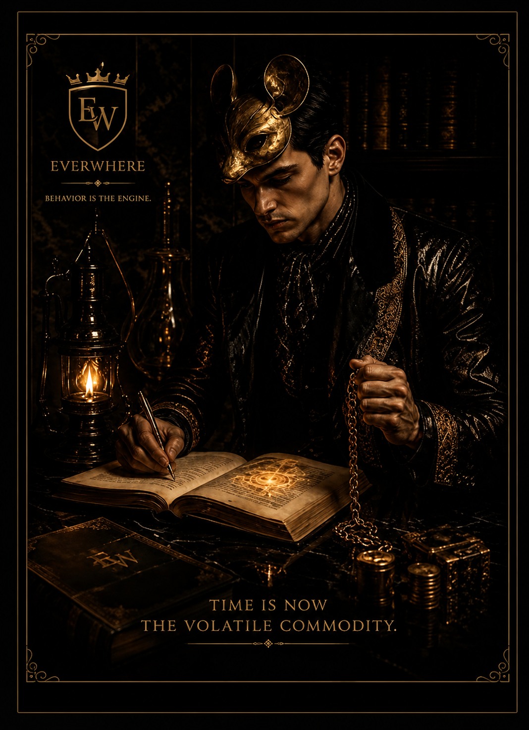 The Volatile Commodity — a gold-masked alchemist writes in a glowing grimoire by lantern light. Behavior is the engine. Time is now the volatile commodity.