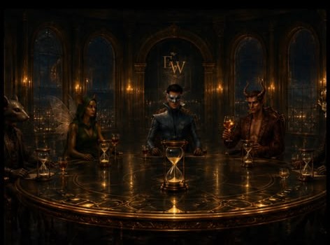 The Council Table — masked archetypes seated around a round table set with hourglasses, lit by gold candlelight.